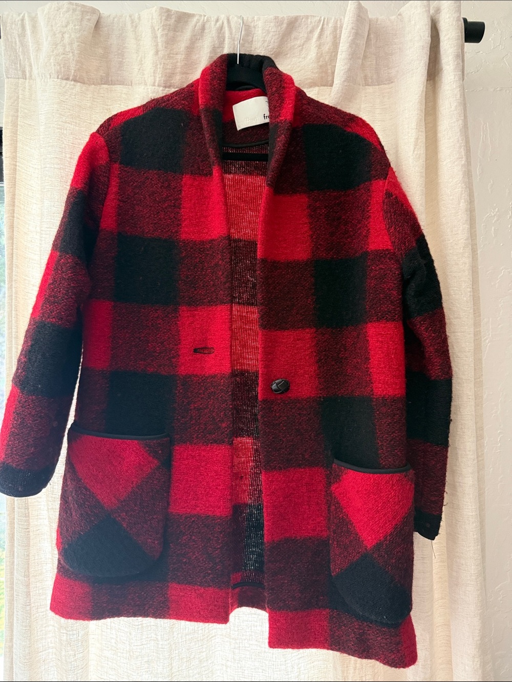 Wilfred Red and Black Buffalo Plaid Shawl-Collar Pea Coat